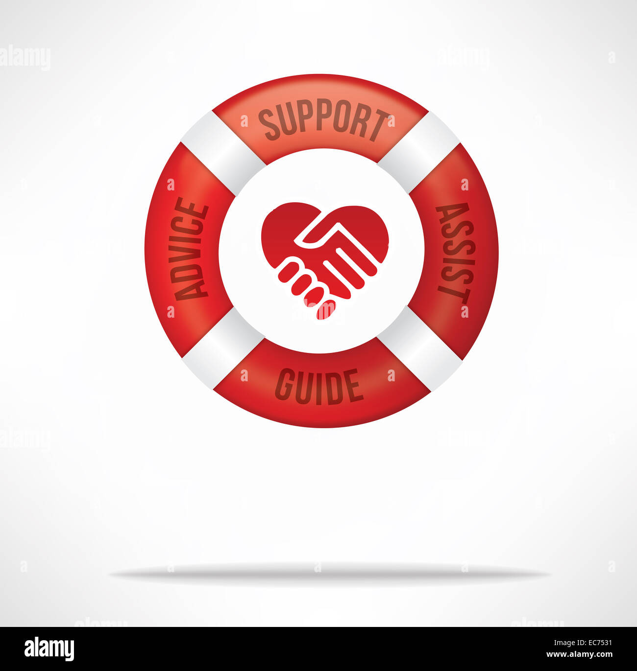 Kunden service Pflege und support Konzept mit roten Rettungsring mit Worten Beratung, Support, Unterstützung und Anleitung und Hand schütteln Stockfoto