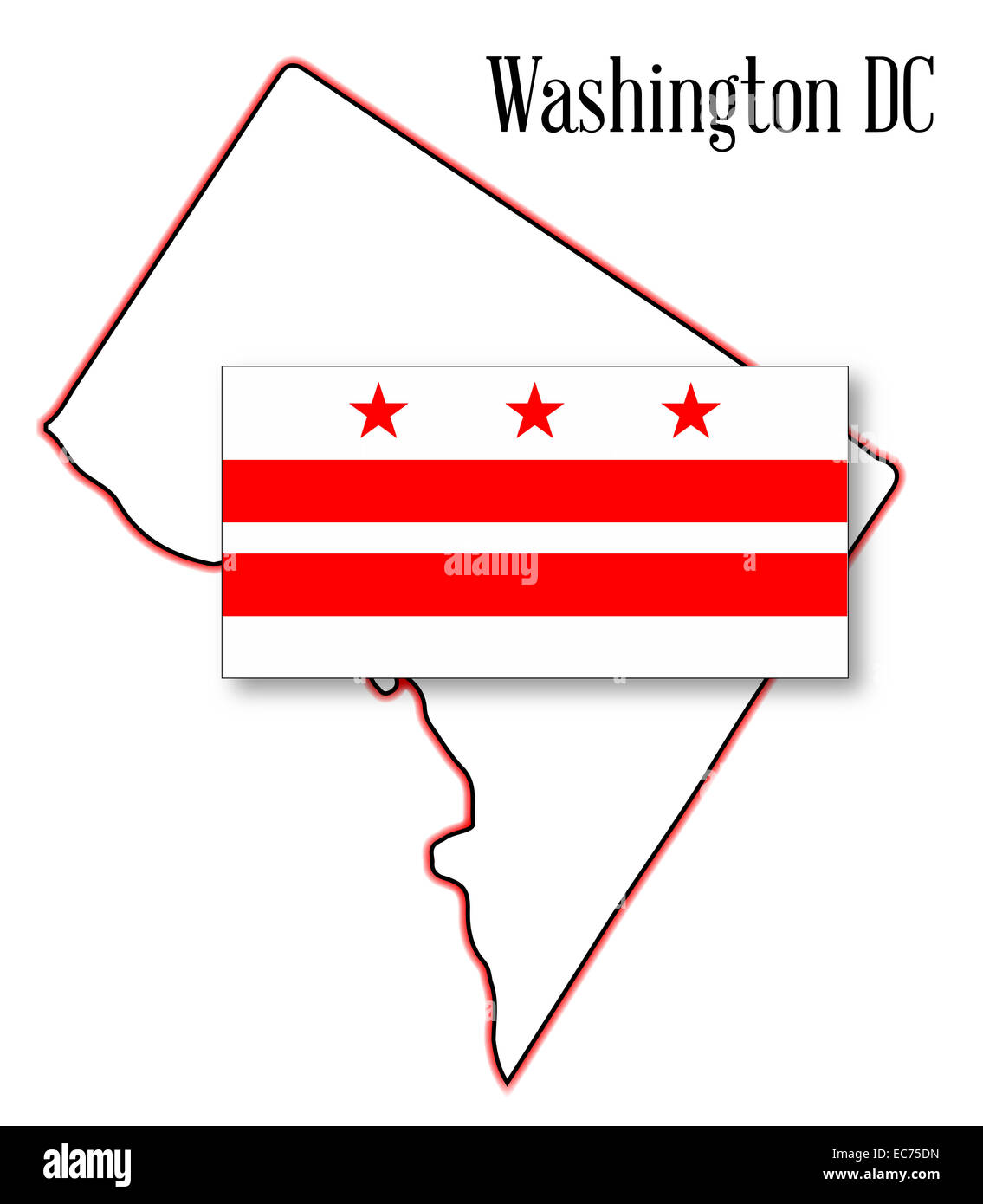 Der Umriß von Washington DC über einen weißen Hintergrund mit Flagge Stockfoto
