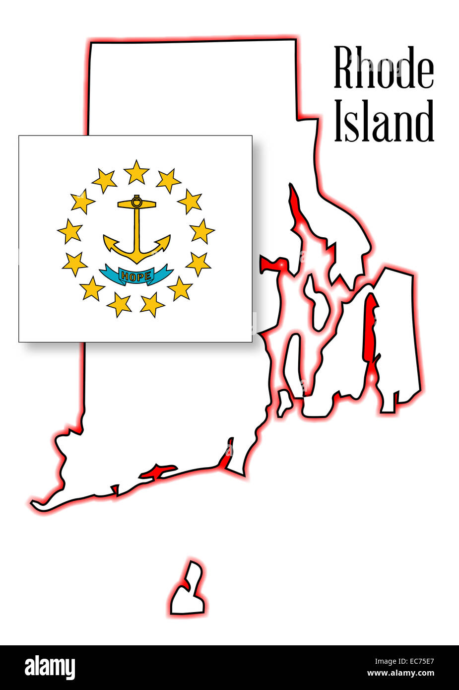 Der Umriß der Bundesstaat Rhode Island mit eingelegten Karte Stockfoto