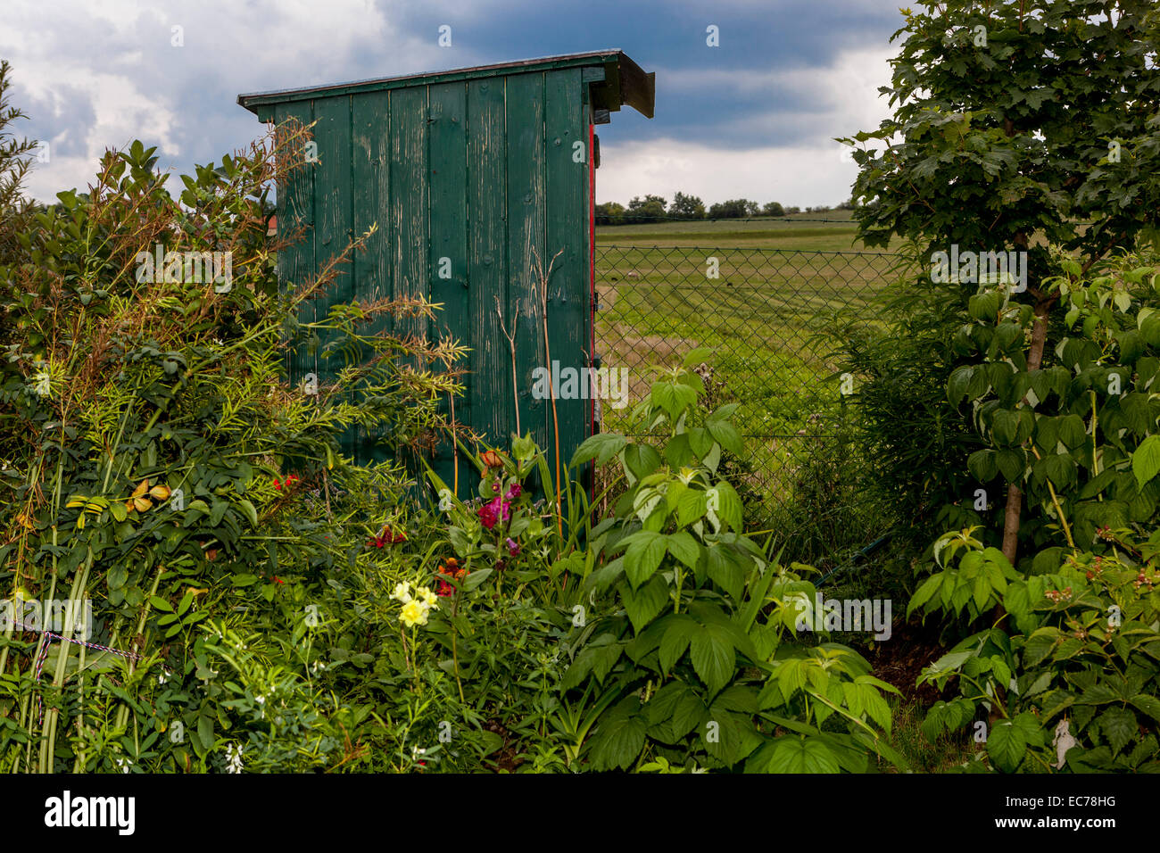 Ländlicher Garten Nebengebäude, WC-Haus in Pflanzen versteckt Stockfoto
