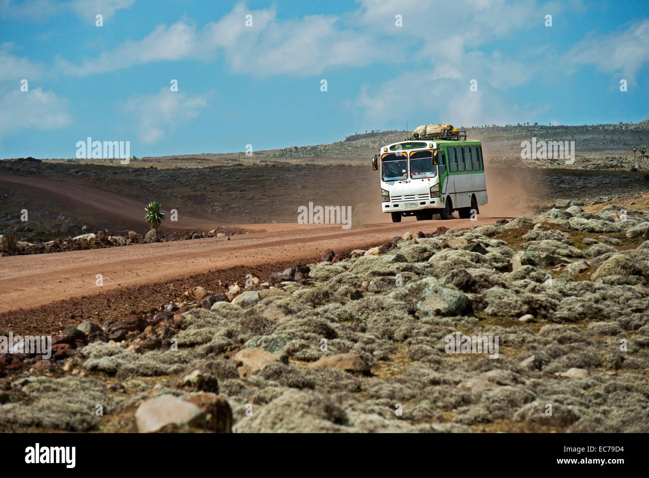 Local Bus auf höchstem Allwetter- Straße in Afrika auf der Hochebene am Sanetti auf ca. 4000 m über dem Meeresspiegel, Bale Berge, Äthiopien Stockfoto