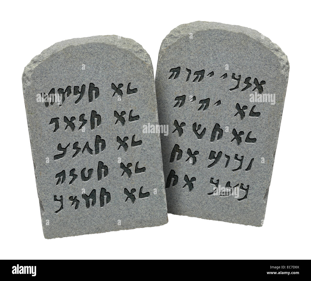 Zwei Steinen mit zehn Gebote in Althebräisch, Isolated on White Background. Stockfoto