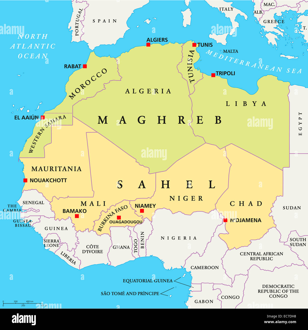 Maghreb und Sahel politische Karte mit Hauptstädten und nationale Grenzen hinweg. Englische Beschriftung und Skalierung. Stockfoto