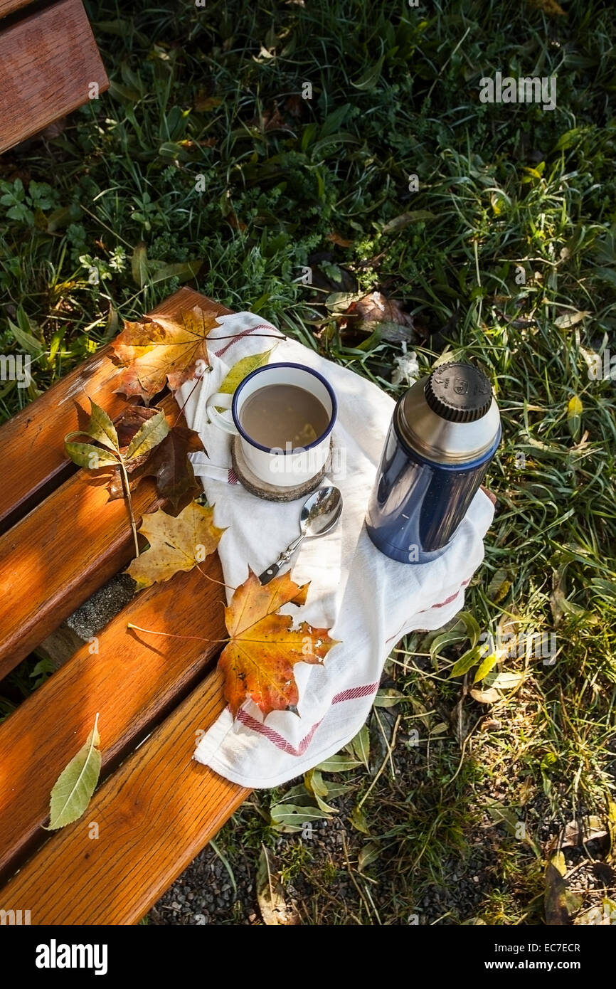Kaffee, Thermoskanne und Herbst Blätter auf Holzbank Stockfoto