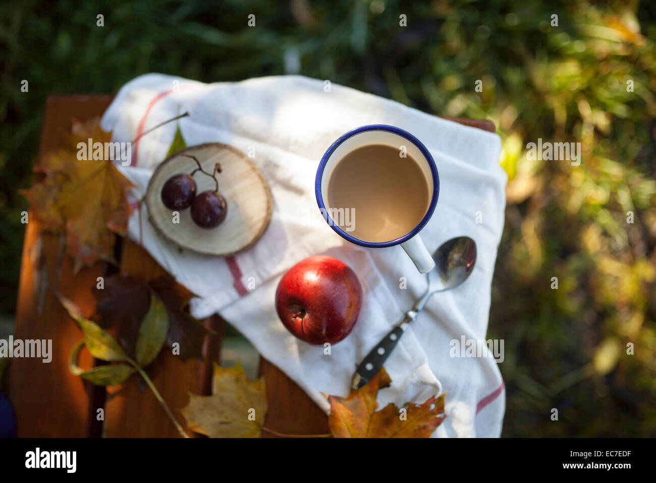 Kaffee, Apfel, Trauben und Herbst Blätter auf Holzbank Stockfoto