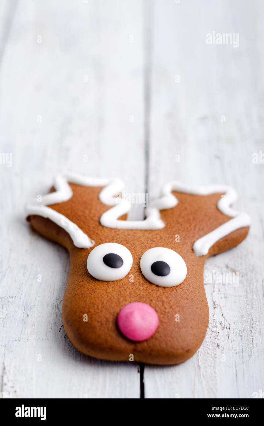 Lebkuchen-Elch auf weißem Holz Stockfoto