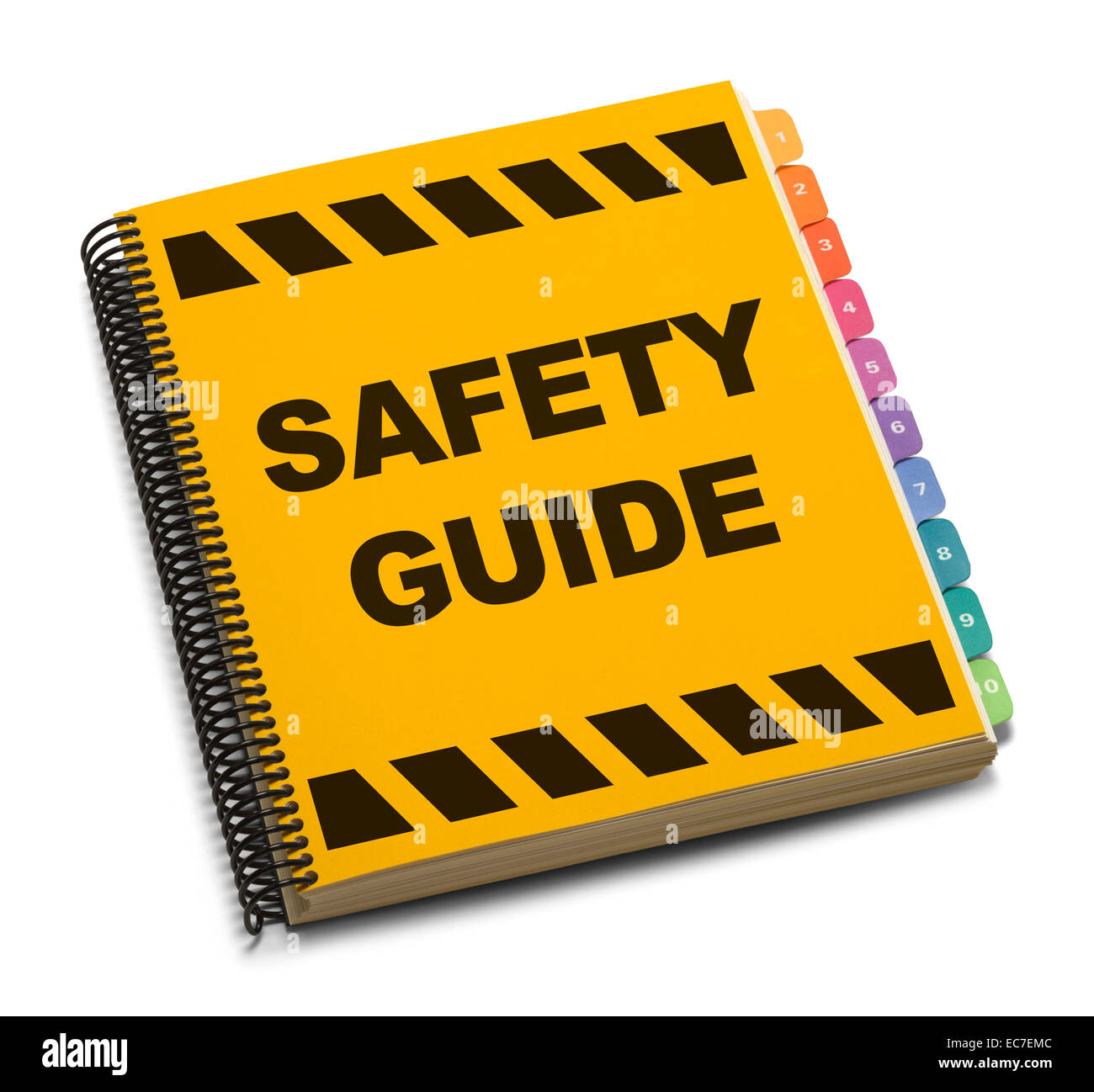 Gelbe Spirale Safety Guide Book Isolated on White Background. Stockfoto