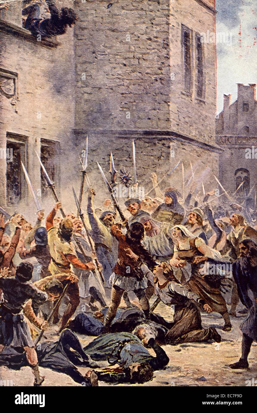 Die ersten Defenestration von Prag beteiligt die Tötung von sieben Mitglieder des Stadtrates von einer Schar von radikalen Hussiten Stockfoto