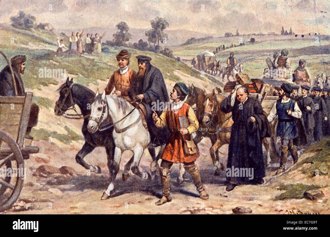 Johann Amos Comenius führt mährischen Exilanten nach Polen, Leszno. Verbannung von Jan Amos Komensky Stockfoto