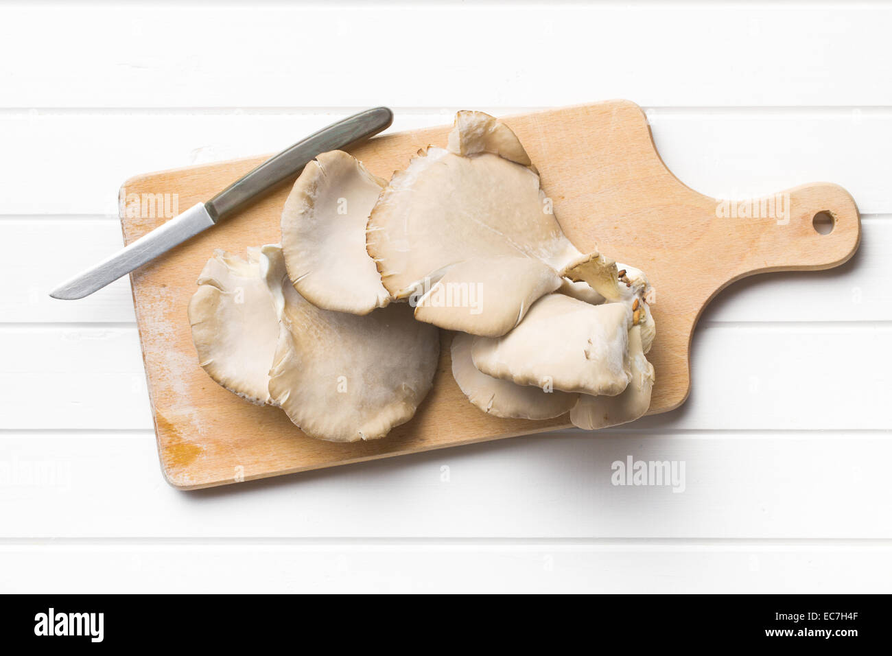 Austernpilze auf Schneidebrett Stockfoto