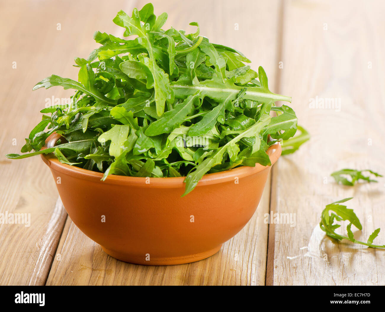 Frischer Rucola-Salat auf einem Holztisch. Selektiven Fokus Stockfoto