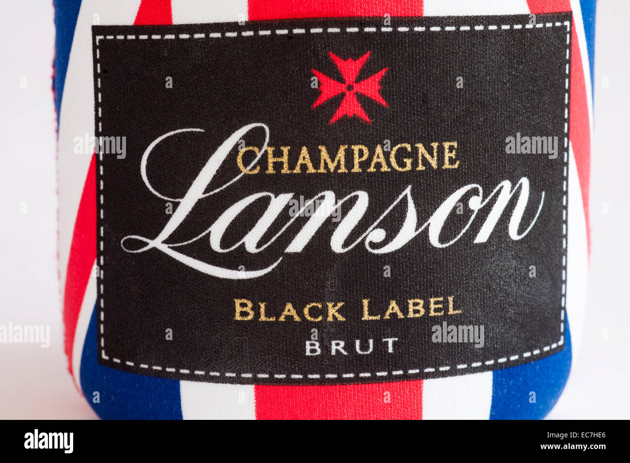 Etikett auf Flasche Champagner Lanson Black Label Brut mit Union Jack-Hülle Stockfoto