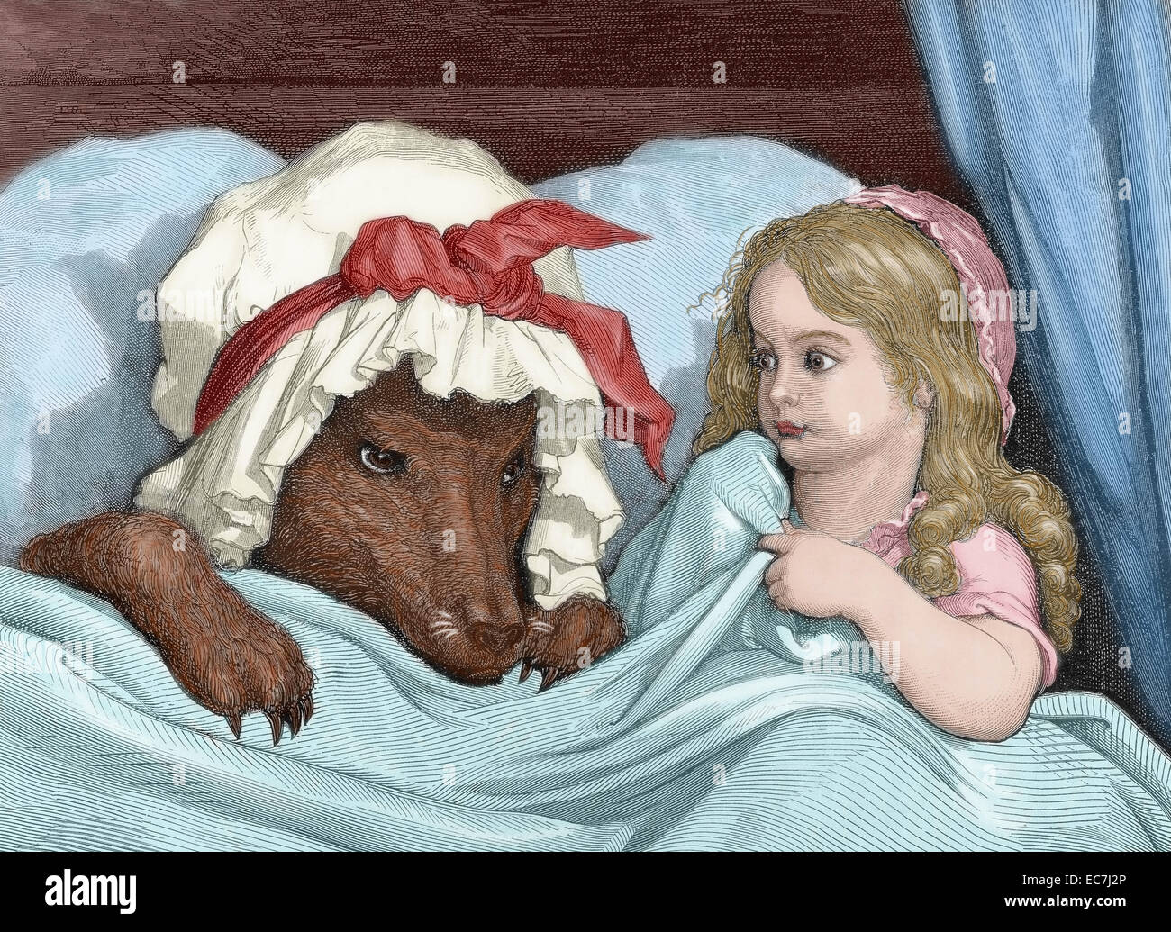 Charles Perrault (1628-1703). Französischer Schriftsteller. Little Red Riding Hood erstaunt um zu sehen, wie ihre Großmutter aussieht. Stich von Gustave Dore (1832-1883). Farbige. Stockfoto