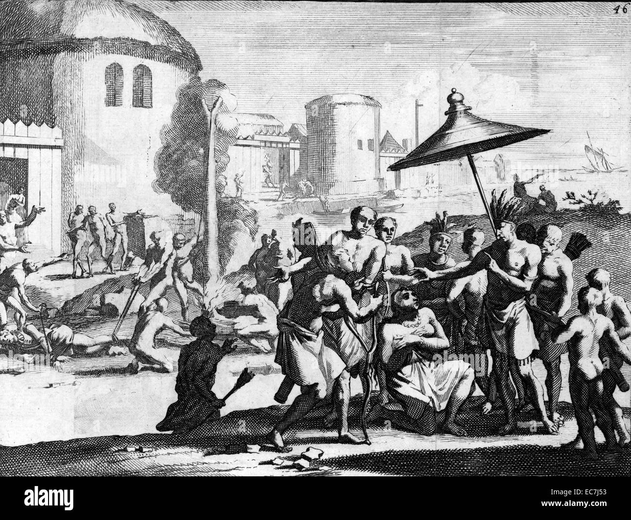 Die Ermordung von drei Spanier und die Folter von Juan Ortiz, 1543. Ortiz war durch die uzita erfasst, während der Suche nach einem verloren gegangenen Expedition und verwaltet Mocoso zu entkommen. Er diente Hernando de Soto als Dolmetscher, als er zu Apalachee gereist. Stockfoto