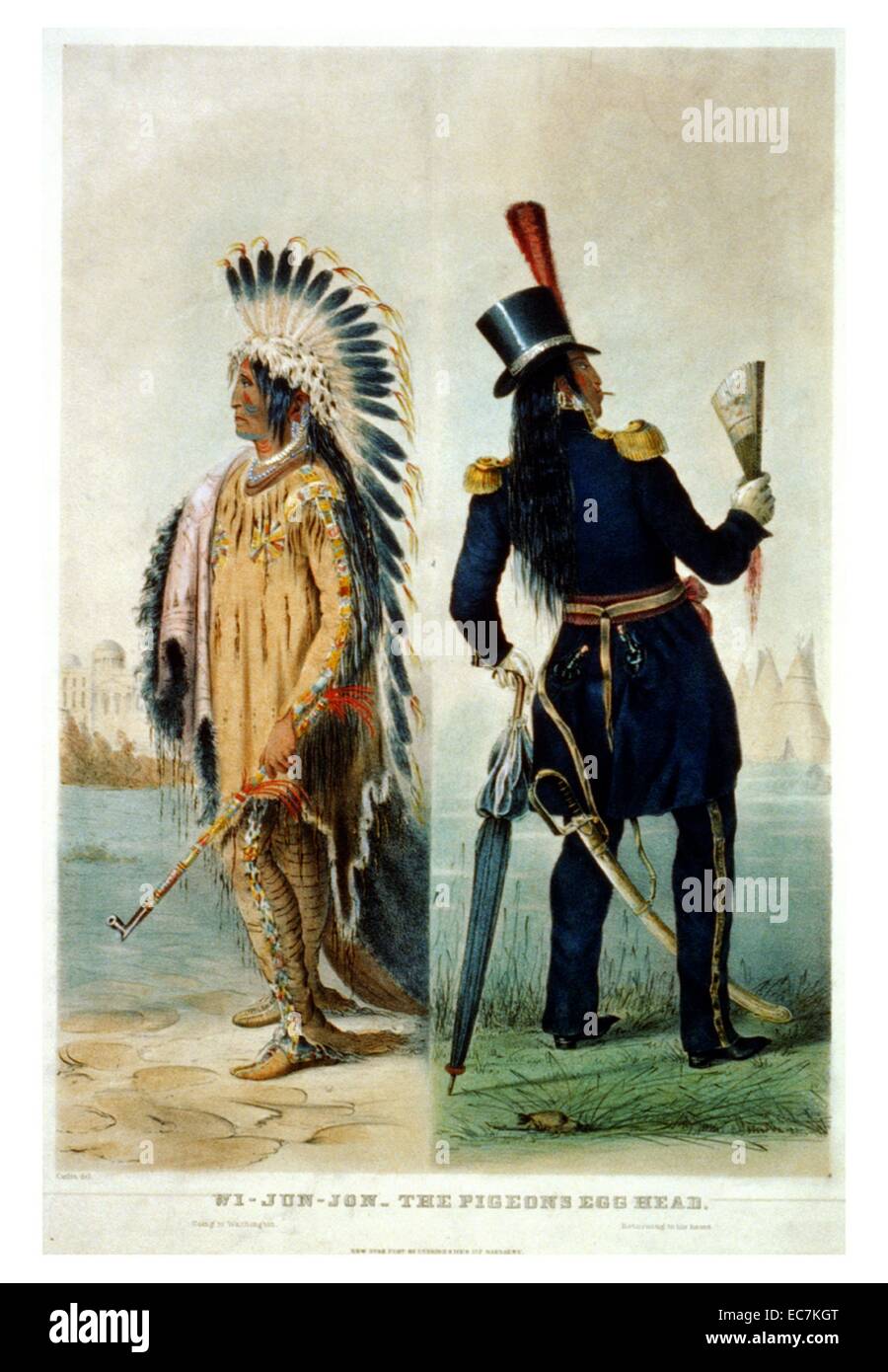 Wi-Jun - Jon - der Taube Ei Kopf nach Washington zu gehen und dann wieder nach Hause - von George Catlin. Wi-Jun - Jon war ein Native American chief des Assiniboine Stamm, der am besten für dieses Gemälde bekannt ist, was passiert ist, nachdem er in weißen Kultur bei einer Reise nach Washington assimiliert wurde. Er wurde später von seinem Stamm für Prahlerei und über weiße Kultur liegen ermordet. Stockfoto