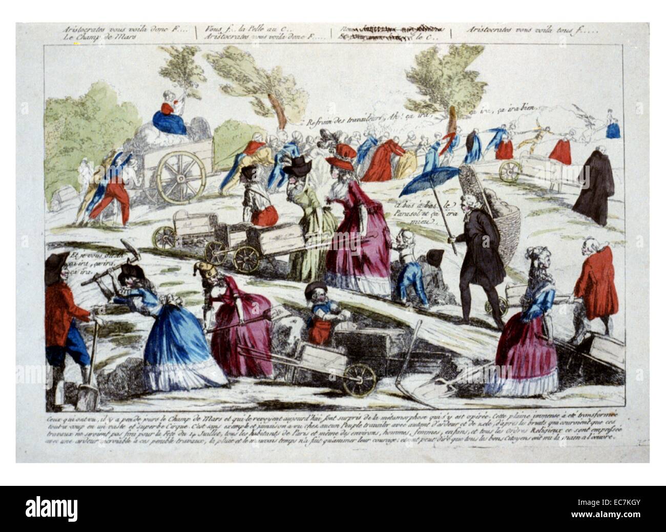 Aristokraten Graben der Champ-de-Mars. Das Bild zeigt die gut gekleideten Adligen und Mitglieder des Klerus zu graben und das Schleppen Boden in Schubkarren in einer Bemühung zu verwandeln die Champ-de-Mars in einen geeigneten Platz für ein Festival. "Fête de la Föderation" nahm am 14. Juli 1790 statt, um den ersten Jahrestag der Sturm auf die Bastille zu gedenken. Ein Mitglied des Dritten Standes steht in der linken unteren Ecke, halten eine Schaufel. Er singt ein revolutionäres Lied "Ca ira", von denen Teile der gesamten Drucken angezeigt. Stockfoto