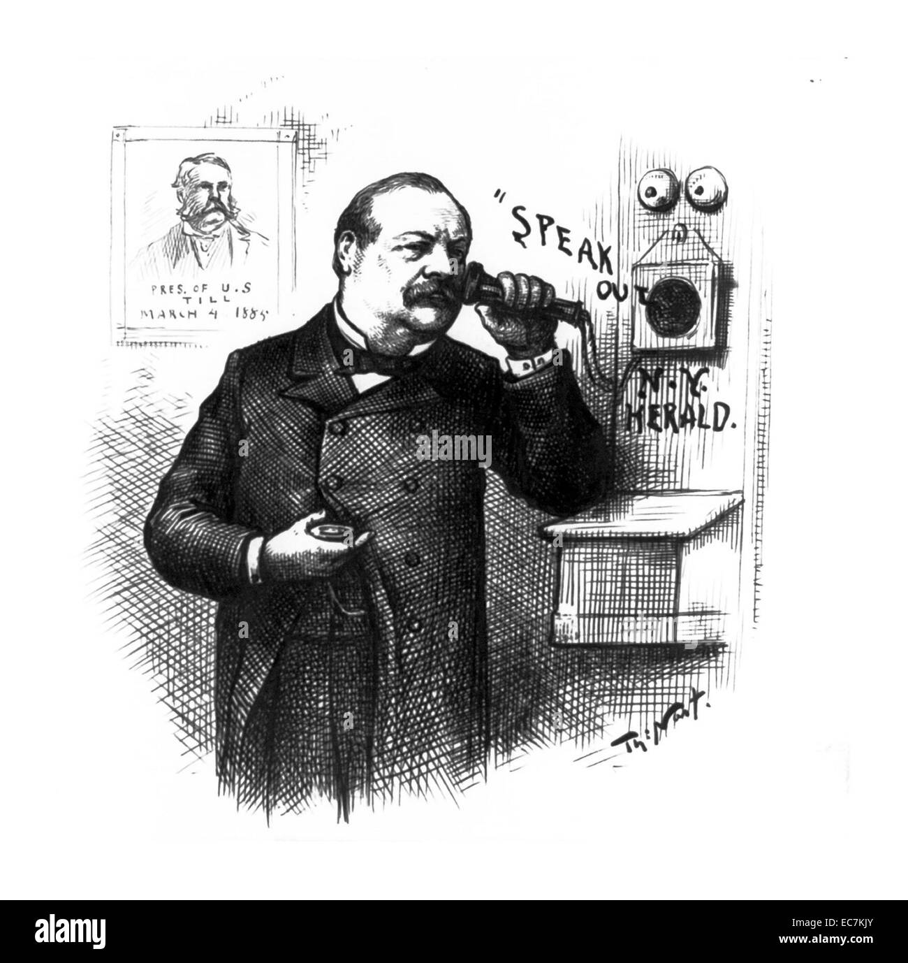 Sprechen Sie "New York Herald. Der designierte Präsident Grover Cleveland hält einen Telefonhörer ans Ohr. Hinter ihm an der Wand ein Porträt von Präsident Chester A. Arthur mit Untertiteln, "Pres. von USA bis März 4, 1885." Stockfoto