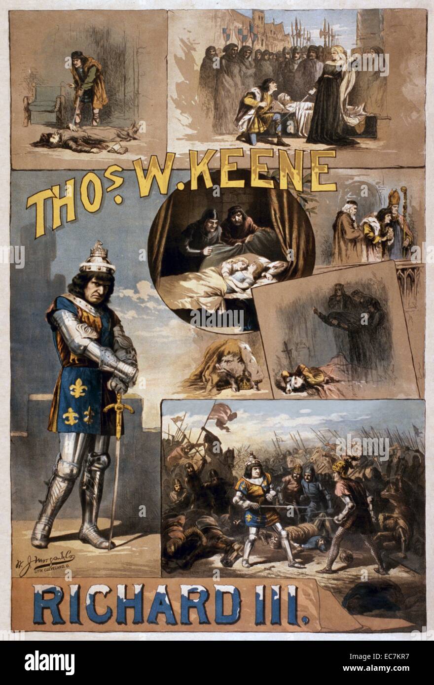 1884-Plakat Werbung für eine amerikanische Produktion des Stücks König Richard II. von Shakespeare, zeigen viele Schlüsselszenen Stockfoto