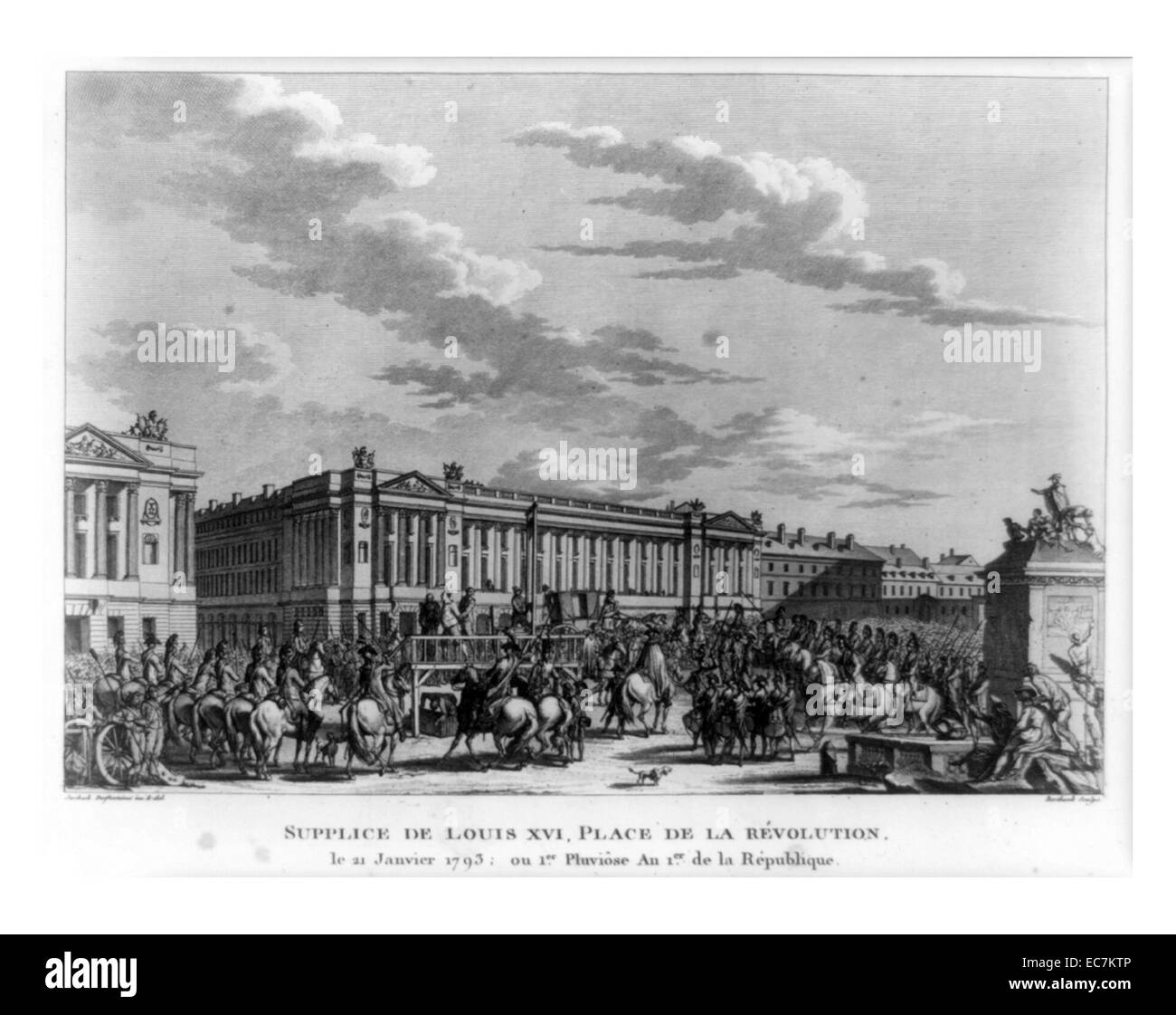 Französische Soldaten, einige auf dem Pferd, und Bürger versammelten sich um die Plattform, Louis XVI, bevor die Guillotine am Tag seiner Hinrichtung steht. Stockfoto