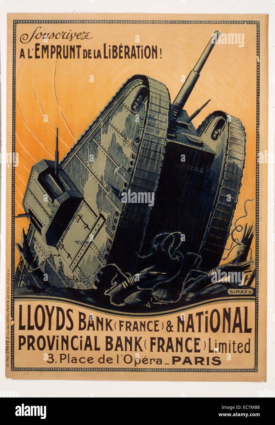 Abonnieren Sie die Befreiung Darlehen. Lloyds Bank (Frankreich) und National Provincial Bank (France) begrenzt. Einen großen Tank in einen Graben auf einem Schlachtfeld. Stockfoto