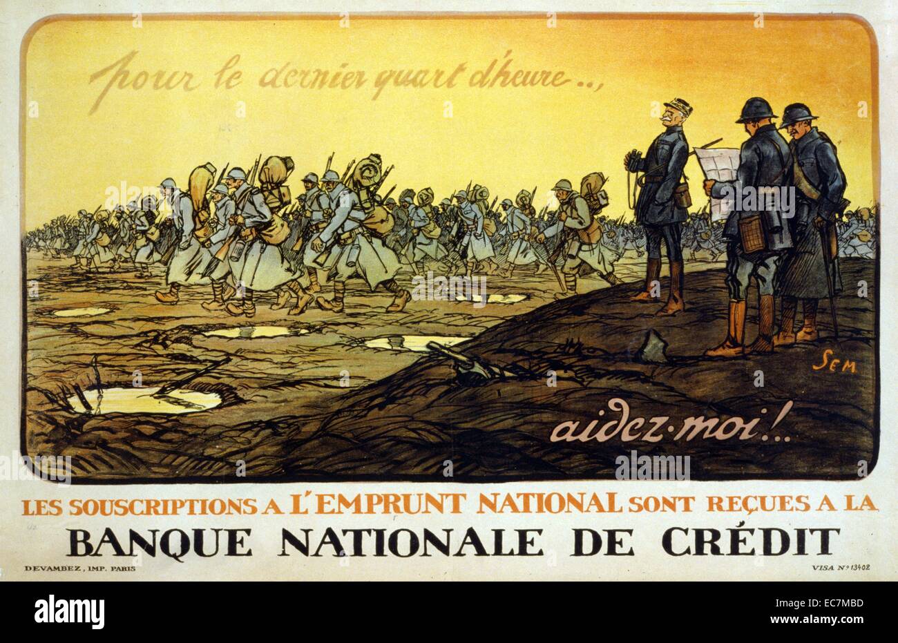 Für die letzte Viertelstunde. . . Helfen Sie mir! Abonnements der nationalen Darlehen an der Banque Nationale de crédit zur Verfügung. Gen. Ferdinand Foch (1851-1929) die Beaufsichtigung seiner Truppen, wie sie im März über das Schlachtfeld. Foch wurde zum Oberbefehlshaber der alliierten Armeen in 1918. Stockfoto