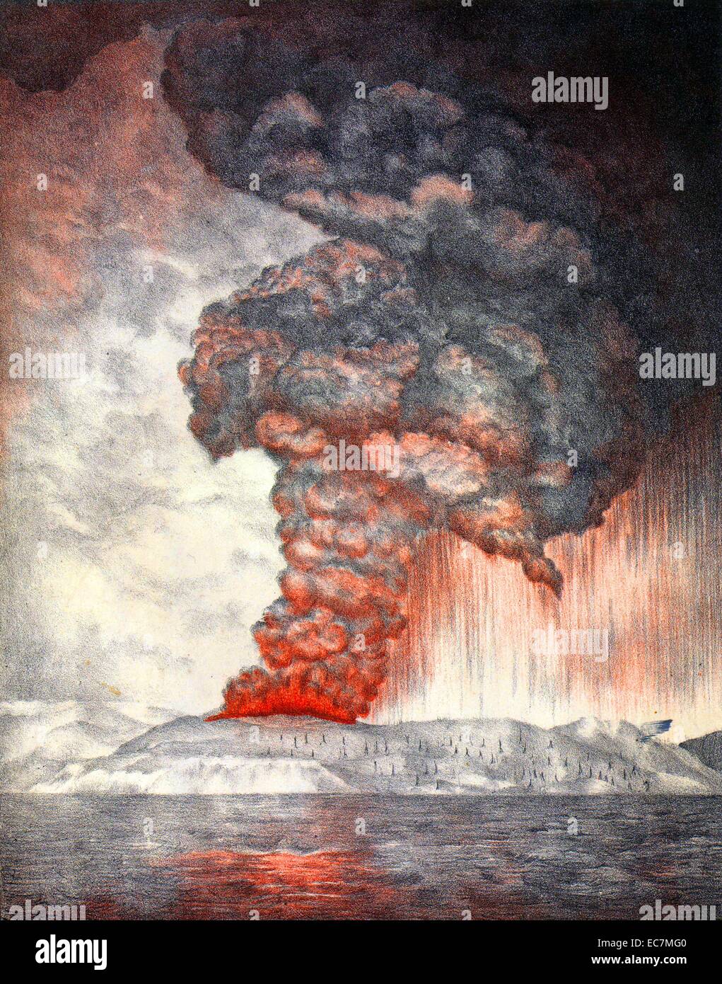 Eine 1888 Darstellung der 1883 Ausbruch des Krakatau in Niederländisch-Indien (Indonesien). Stockfoto