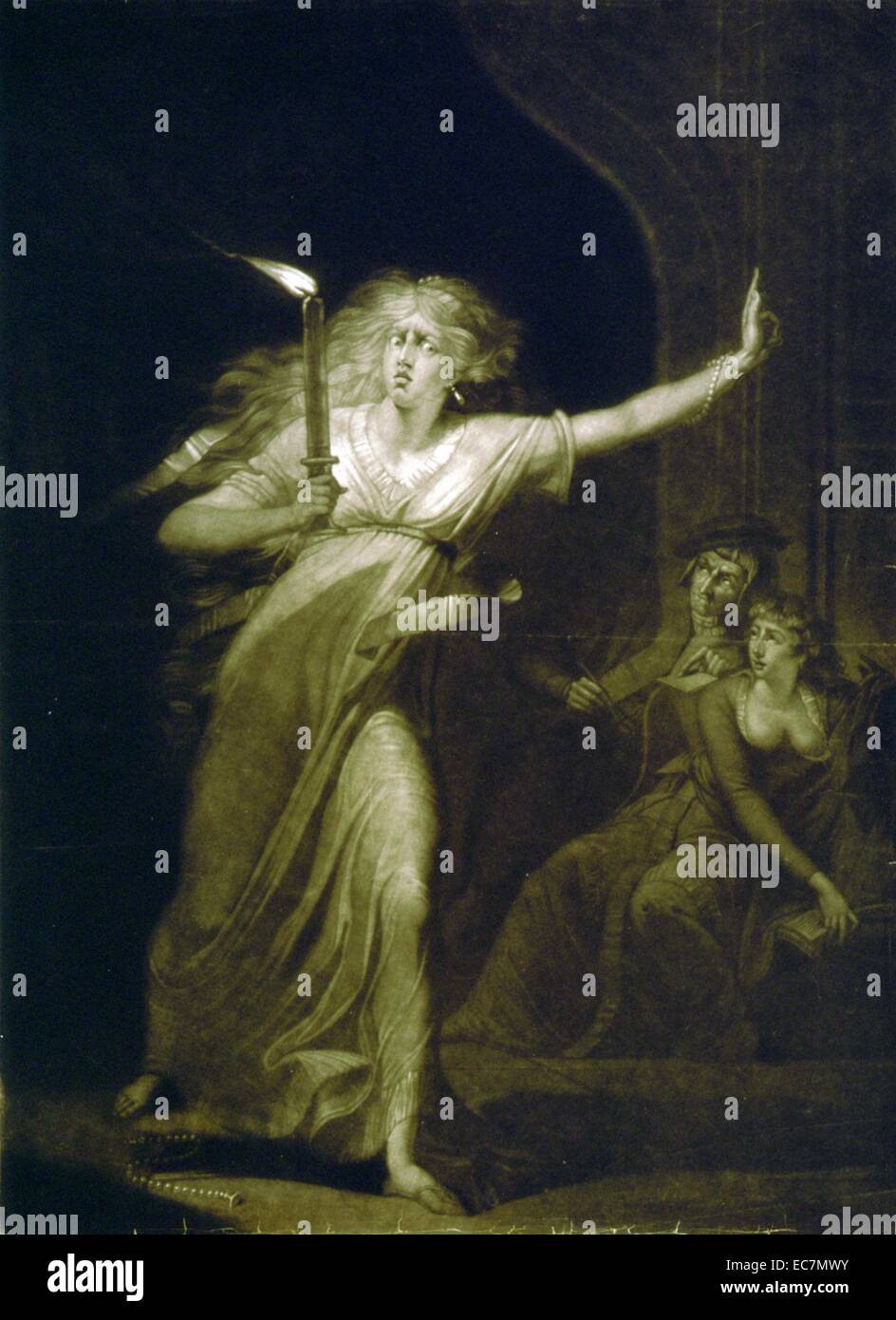 Lady Macbeth, Act, 5 Th - - "Ein, Zwei; warum dann 'tis-Zeit, 't' Lady Macbeth Walken im Schlaf, in voller Länge zu sehen, die Kerze; ein Mann und eine Frau beobachten von einer Bank auf der rechten Seite im Hintergrund. Stockfoto