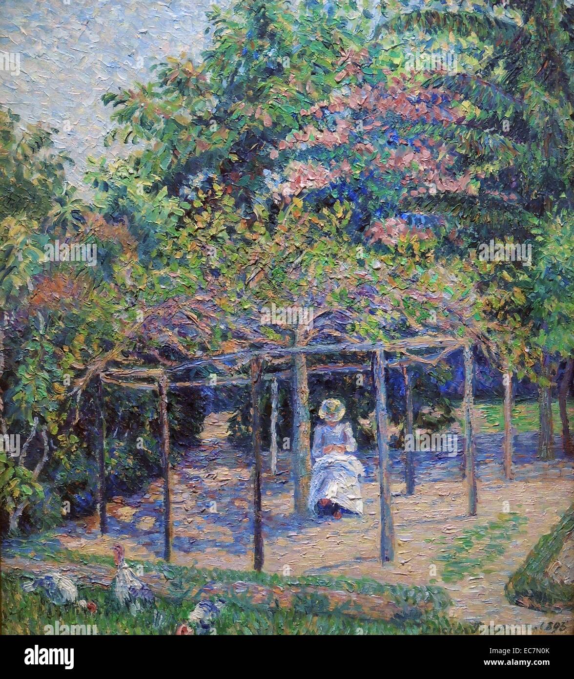 Lucien Pissarro (1863-1944) Die Puten (oder Ester im Garten, Eragny) Öl auf Leinwand. Lucien Pissarro seine junge Frau, Esther dargestellt, sitzen im Schatten eines Baumes im Garten der Familie zu Hause. Die Truthähne, die dem Gemälde seinen Titel geben, können Links im Vordergrund gesehen werden. Die Erholung der dappled Licht zeigt Interesse des Künstlers in (Neo-) impressionistischen Techniken und ihre Ansichten über die Rollen von Licht und das menschliche Auge. Stockfoto