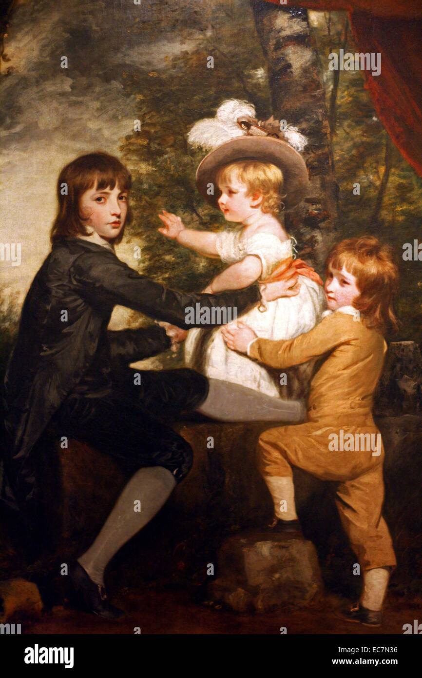 Sir Joshua Reynolds (1723-1792) Das Lamm Kinder. Die drei Kinder von Sir Peniston Lamm. Der älteste, Peniston, im Alter von 13 erreicht heraus zu fangen Frederick James, Fred von William, der Zukunft Herr unterstützt wird. Stockfoto