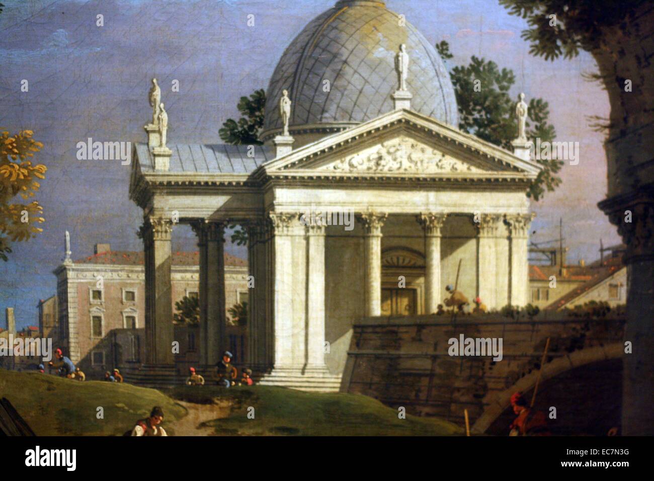 Giovanni Antonio Canal, genannt Canaletto (1697-1768). Landschaft mit einer Villa durch eine zerstörte Bogen gesehen. Öl auf Leinwand. Bilder von malerischen Ruinen mit erkennbaren Gebäuden und bunte Figuren gezeigt wurden sehr beliebt bei Reisenden nach Italien. Canaletto's Kunst war so bewundert von britischen Sammler, die er in London seit mehreren Jahren zwischen 1746 und 1755 gearbeitet. Stockfoto