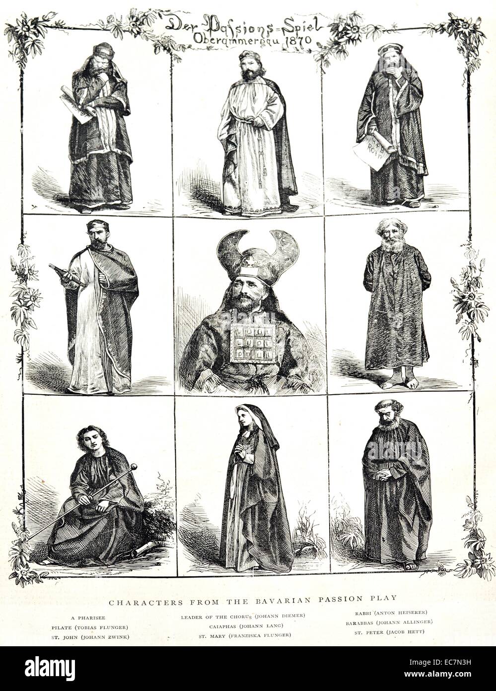 Plakat werbung die Bayerische Passion Play; eine dramatische Darstellung mit der Darstellung der Passion Jesu Christi: sein Versuch, das Leiden und den Tod. Zeichen enthalten: ein Pharisäer, Pilatus, St. John, Leiter des Chorus, Kaiphas, St. Maria, Rabbi, Barabbas und St. Peter. Der Antisemitismus war prominent in Leidenschaft spielt. Vom 1870 Stockfoto Plakat werbung die Bayerische Passion Play; eine dramatische Darstellung mit der Darstellung der Passion Jesu Christi: sein Versuch, das Leiden und den Tod. Zeichen enthalten: ein Pharisäer, Pilatus, St. John, Leiter des Chorus, Kaiphas, St. Maria, Rabbi, Barabbas und St. Peter. Der Antisemitismus war prominent in Leidenschaft spielt. Vom 1870 Stockfoto