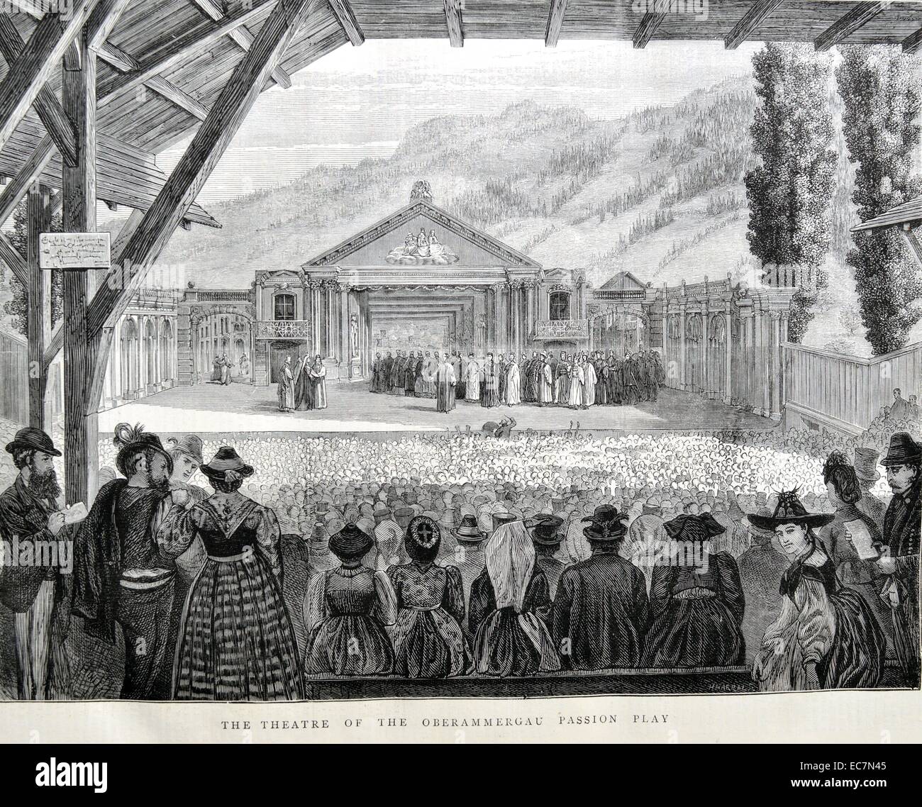 Das Theater der Oberammergauer Passionsspiele. Ein Passionsspiel ist eine dramatische Darstellung mit der Darstellung der Passion Jesu Christi: sein Versuch, das Leiden und den Tod. Der Antisemitismus war prominent in Leidenschaft spielt. Vom 1870 Stockfoto