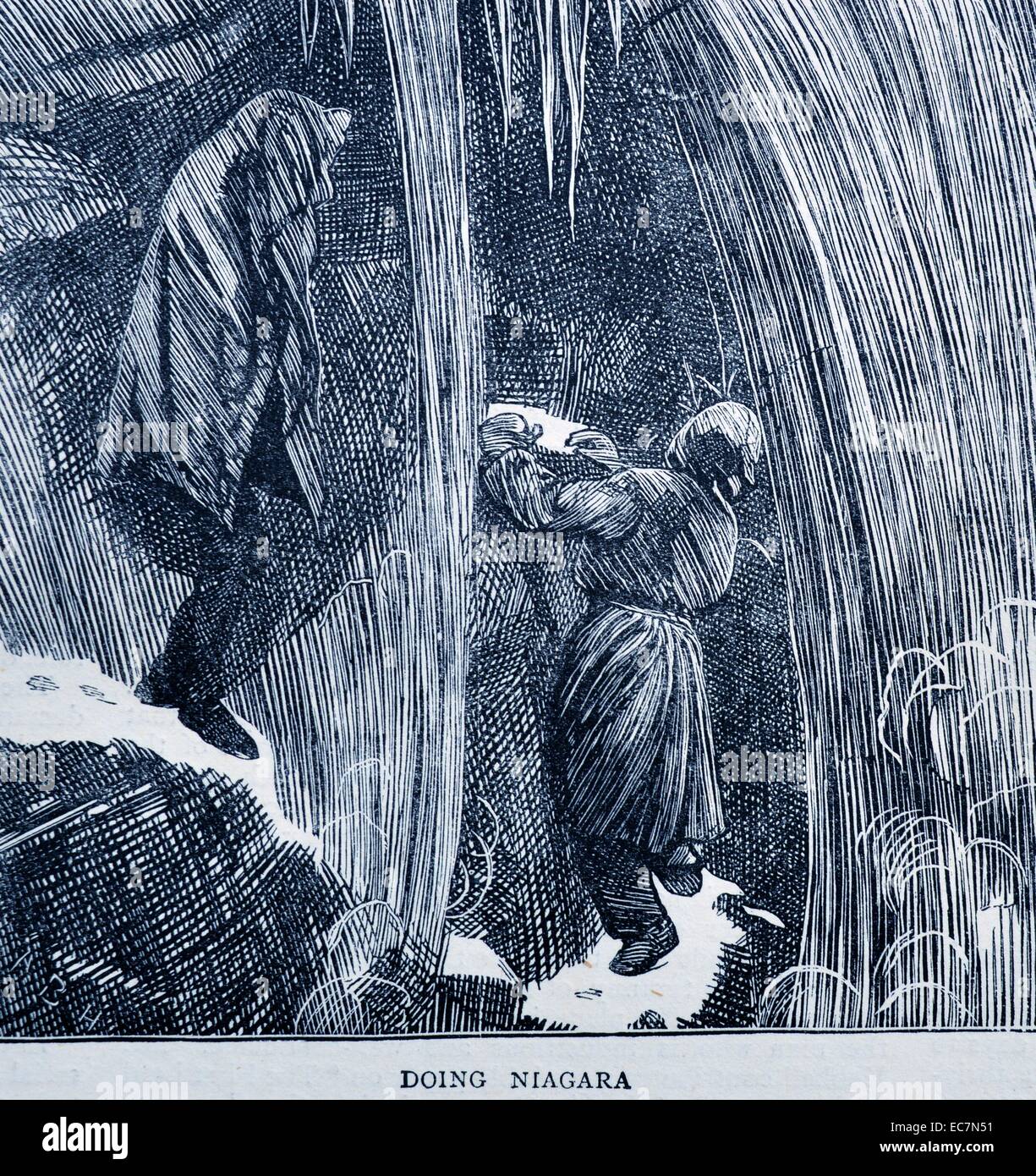 Gravur zeigt zwei Menschen die Kletterwände in Niagara Falls. Vom 1870 Stockfoto