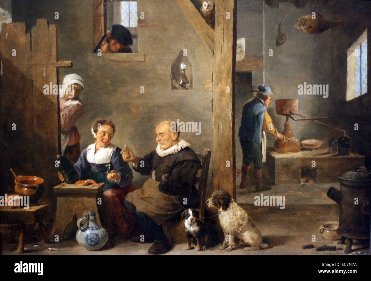 David Teniers der Jüngere (1610-1698) eine Brennerei mit einem älteren Mann Kaufen Gin. In den Vordergrund, eine sitzende Mann hält eine Münze in der Zahlung für ein Glas Gin. Die noch in der der Gin getroffen wurde, erscheint im Hintergrund. Das Gemälde wurde viel bewunderten in der 1700 und 1800 bei teniers's Arbeit war modisch mit Kollektoren. Stockfoto