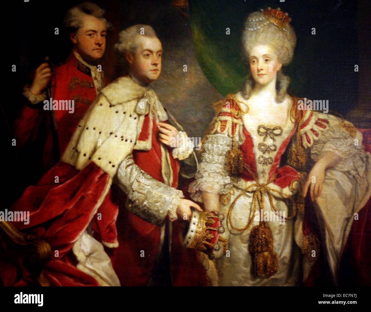 George, 2. Earl Harcourt, seiner Frau Elizabeth und Bruder William von Sir Joshua Reynolds (1723-1792) Öl auf Leinwand. George Simon Harcourt (1736-1809) als zweite Earl 1777 gelungen. Er heiratete seine Kusine Elisabet Vernon im Jahre 1765. Dieses Porträt wurde 1780 gemalt und zeigt das Paar im Coronation Roben und mit coronets. Stockfoto