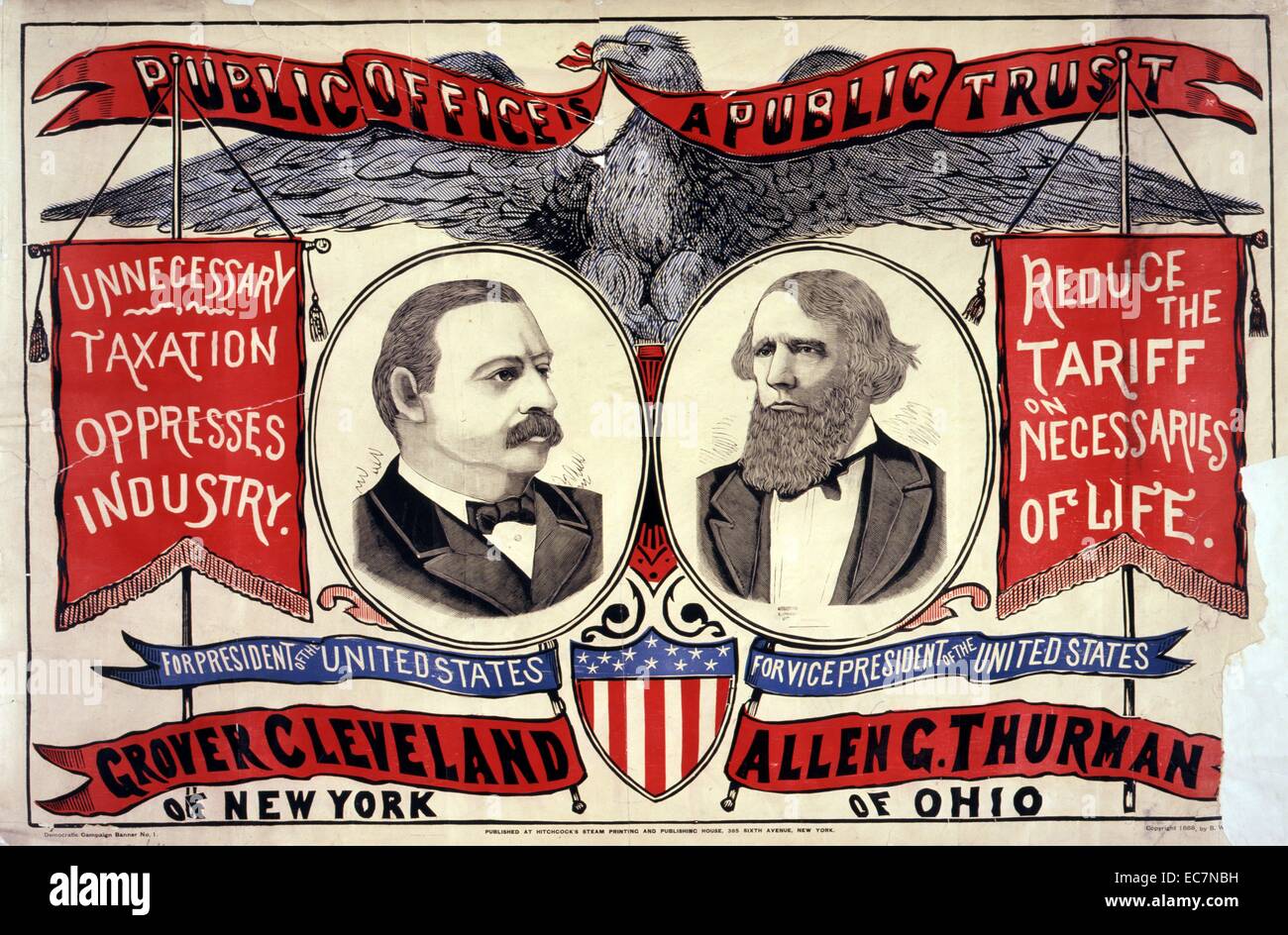 Ein öffentliches Amt ist ein öffentliches Vertrauen für die USA-Präsident Grover Cleveland von New York; Vizepräsident der Vereinigten Staaten, allen G. Thurman von Ohio. Politische Plakat zeigt Vignetten der Kandidaten, Banner mit Campaign Slogans und einem Adler. Stockfoto