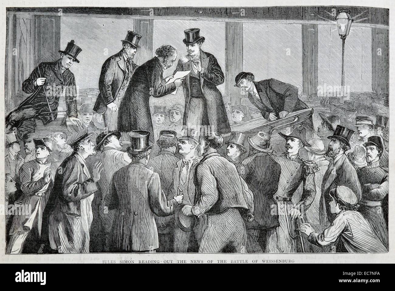 Gravur von Jules Simon (1814-1896), ein französischer Staatsmann und Philosoph und einer der Führer der opportunistischen Republikaner Fraktion, auslesen, um die Nachricht von der Schlacht von Wesissenburg. Vom 1870 Stockfoto