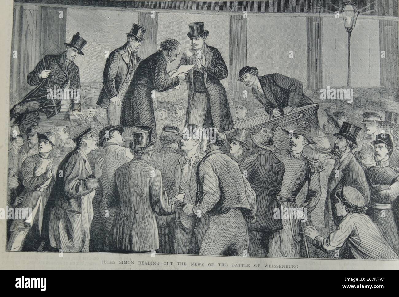 Gravur von Jules Simon (1814-1896), ein französischer Staatsmann und Philosoph und einer der Führer der opportunistischen Republikaner Fraktion, auslesen, um die Nachricht von der Schlacht von Wesissenburg. Vom 1870 Stockfoto
