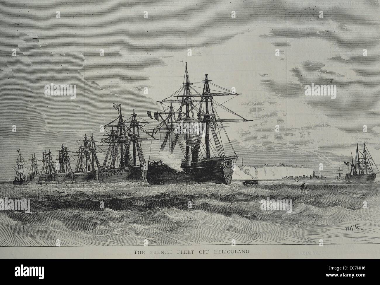 Gravur der französischen Flotte aus Helgoland, einem kleinen deutschen Archipel in der Nordsee. Vom 1870 Stockfoto