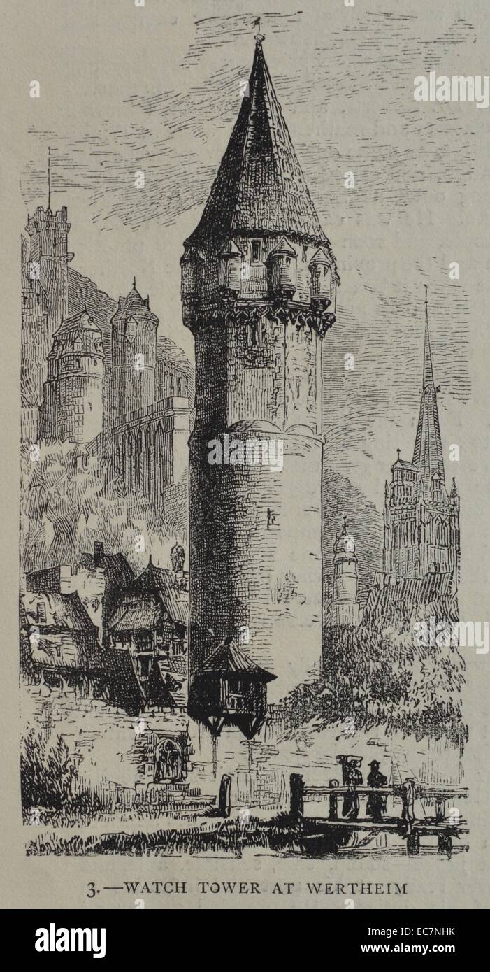 Gravur mit dem Wachturm in Wertheim am Main, einer Stadt im Südwesten Deutschlands, im Bundesland Baden-Württemberg. Vom 1870 Stockfoto