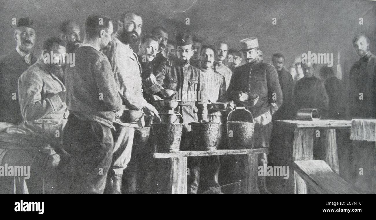 französische Soldaten nehmen Suppe in einem deutschen Lager im ersten Weltkrieg Stockfoto