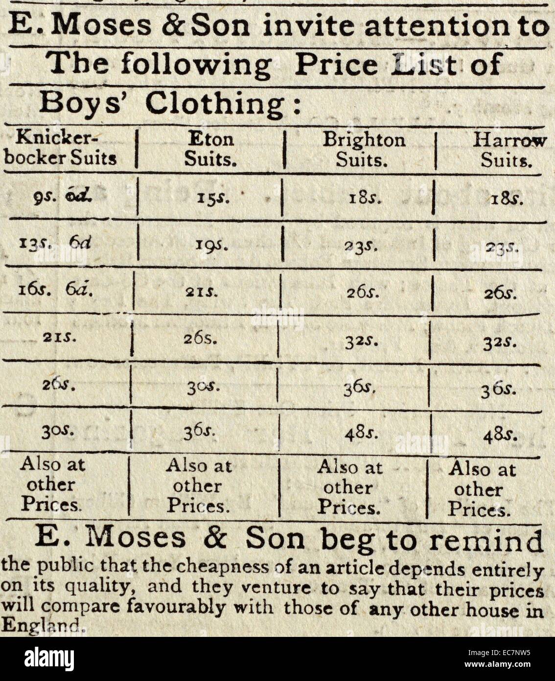 Preisliste für E. Moses & Sohn jungen Bekleidung in einer Zeitung gedruckt. Vom 1870 Stockfoto