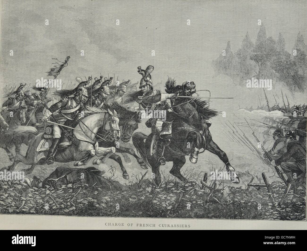 Gravur schildert der Französische Kürassiere - eine berittene Kavallerie Soldaten mit Rüstung und Waffen ausgestattet, die zum ersten Mal im späten 15. Jahrhundert in Europa erscheinen. Vom 1870 Stockfoto