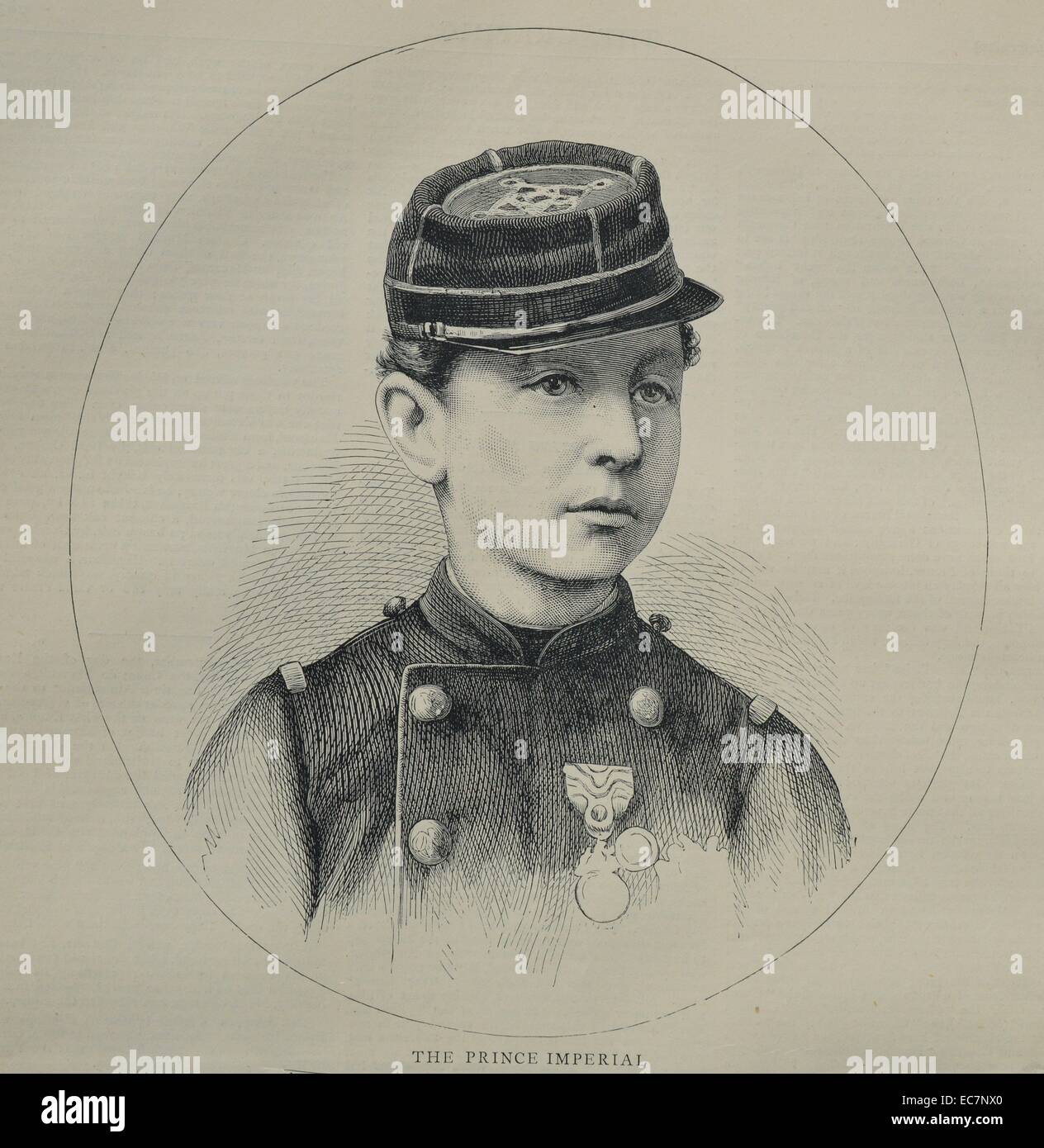 Gravur der kaiserliche Prinz, Napoléon Eugène Louis Jean Joseph Bonaparte (1856 - 1879). Das einzige Kind von Kaiser Napoleon III. von Frankreich und seine Gemahlin Kaiserin Eugénie de Montijo. Vom 1870 Stockfoto
