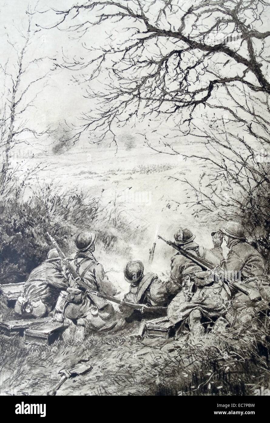 französische Artillerie-Feuer in einer Schlacht im ersten Weltkrieg Stockfoto