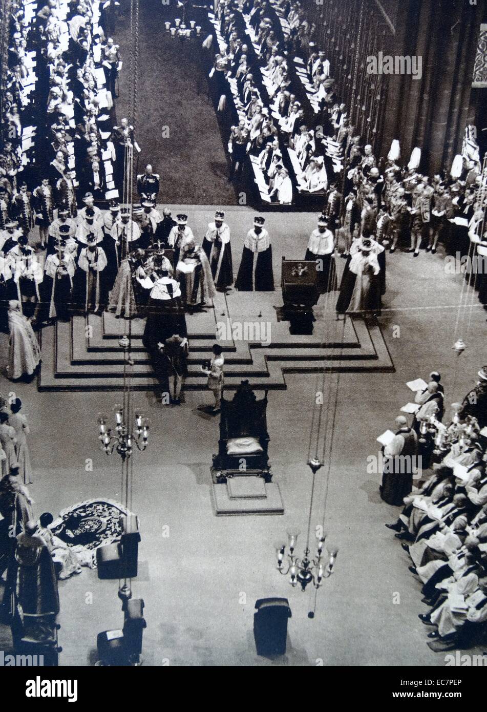 Krönung britischer König George VI in der Westminster Abbey. George VI (Albert Frederick Arthur George; 14. Dezember 1895 - vom 6. Februar 1952) König des Vereinigten Königreichs und der Dominions des British Commonwealth von 11 Dezember 1936 bis zu seinem Tod. Er war der letzte Kaiser von Indien und der erste Leiter des Commonwealth Stockfoto