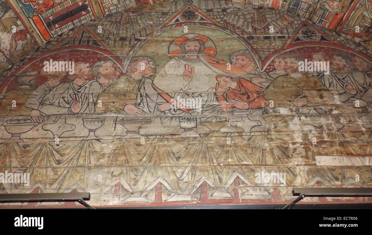 Die Deckenplatten aus einem Norwegisch-Kirche aus dem Jahr 1200 n. Chr. erhalten. Das letzte Abendmahl wird angezeigt Stockfoto