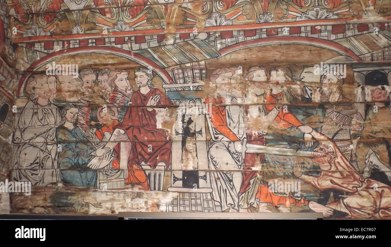 Die Deckenplatten aus einem Norwegisch-Kirche aus dem Jahr 1200 n. Chr. erhalten. Die Fußwaschung gezeigt Stockfoto
