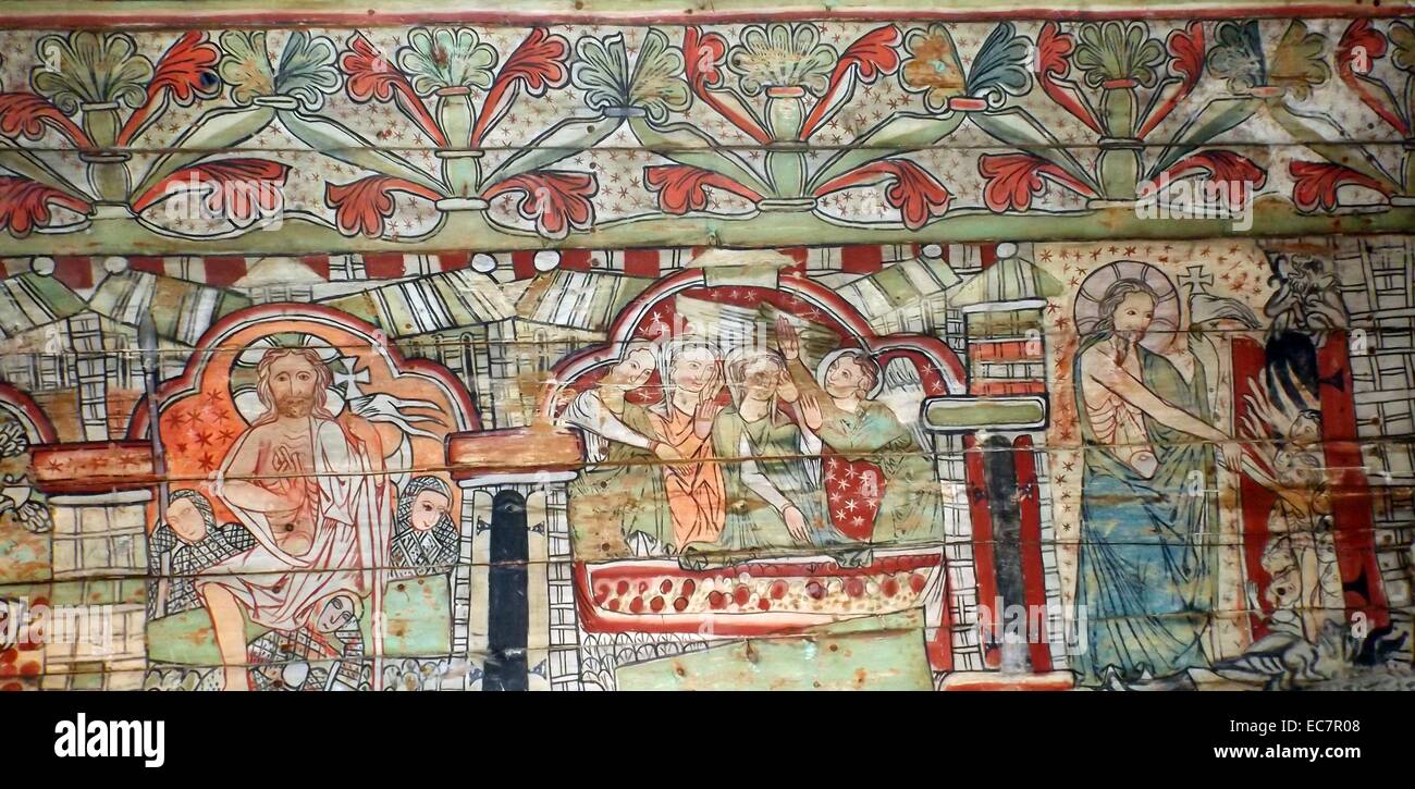 Die Deckenplatten aus einem Norwegisch-Kirche aus dem Jahr 1200 n. Chr. erhalten. Die Verkündigung an Maria wird angezeigt Stockfoto