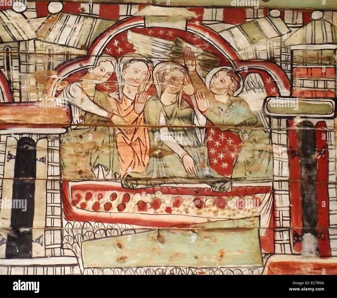 Die Deckenplatten aus einem Norwegisch-Kirche aus dem Jahr 1200 n. Chr. erhalten. Die Verkündigung an Maria wird angezeigt Stockfoto